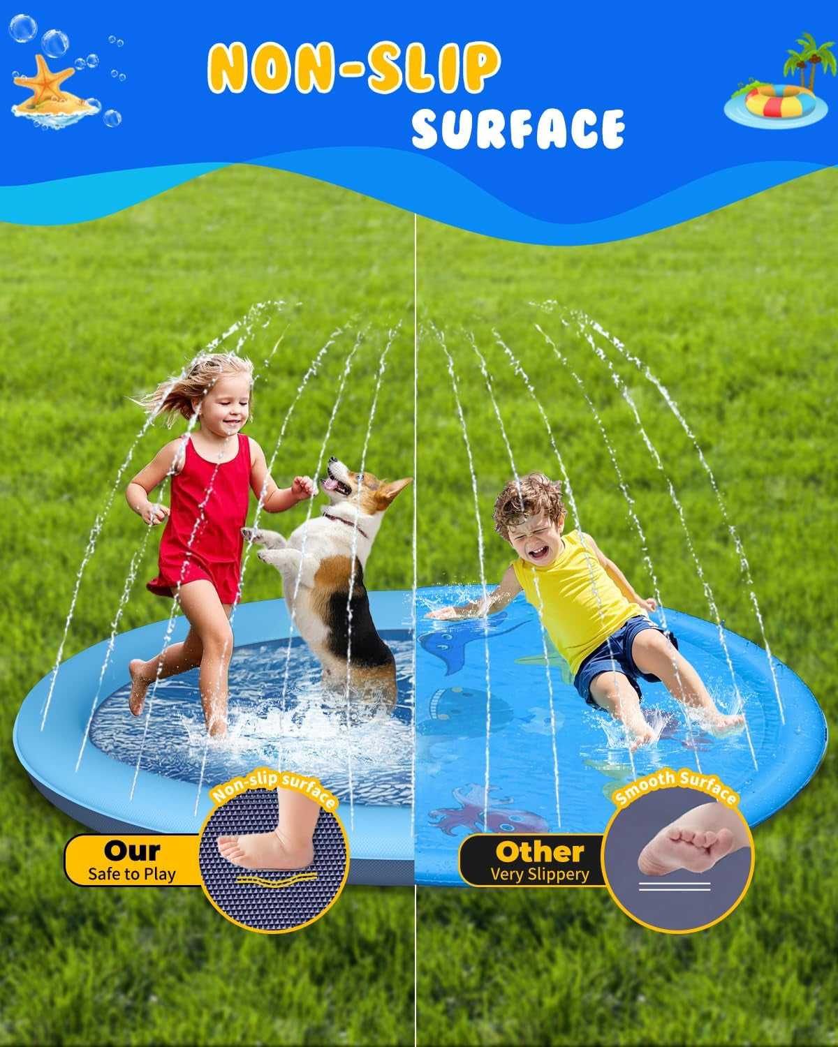 67" Thickened Non-Slip Dog Splash Pad, Summer Outdoor Sprinkler Pool Water Play Mat for Pets and Children