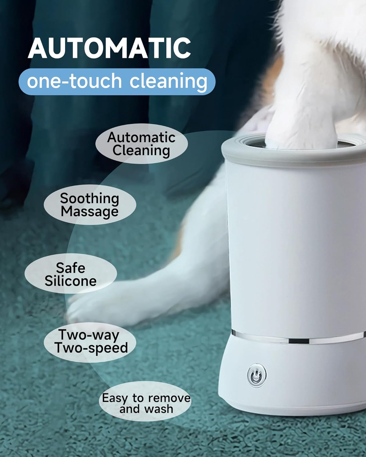 Automatic Dog Paw Cleaner Cup, Electric 2-Speed Foot Washer & Massager, USB Rechargeable Portable Pet Cleaning Tool for Small Medium Dogs & Cats, White