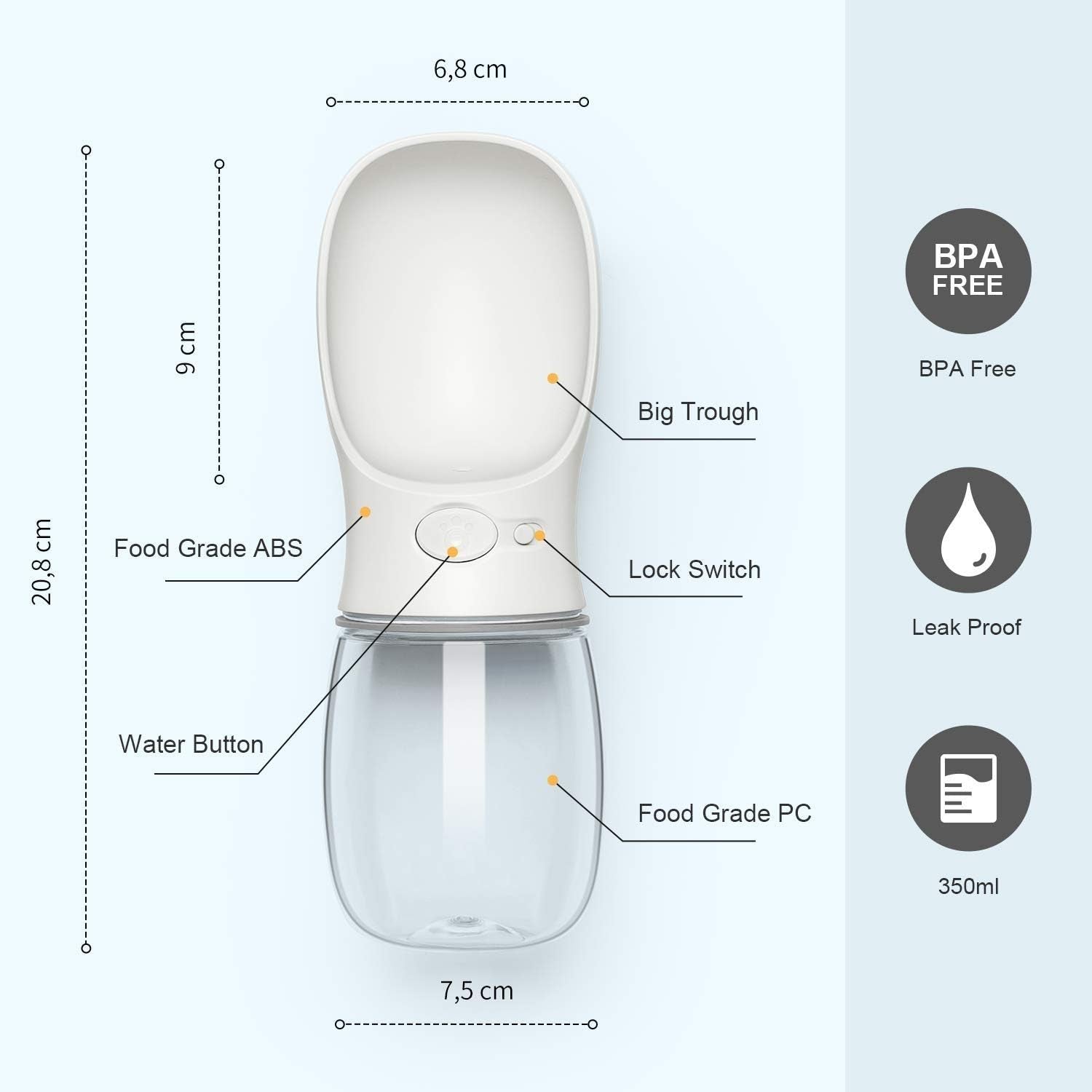 Portable Leak-Proof Dog Water Bottle with Drinking Feeder for Travel - 12oz Milk White