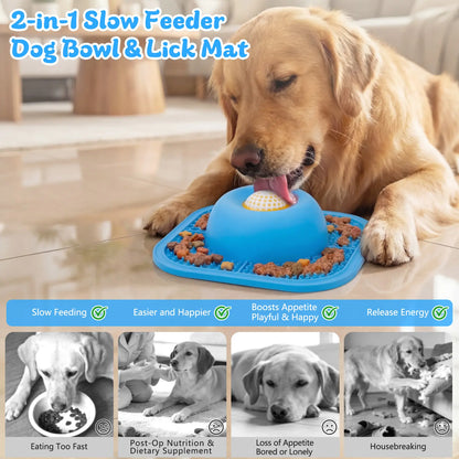 Slow Feeder Dog Bowl, Silicone Pet Feeder Bowl & Dog Bowl Platter, Non-Slip Lick Mat for Dogs, Puppies and Cats, Interactive Anti-Gulp Feeding Bowl for Wet Food, Treats, Yogurt and Peanut Butter