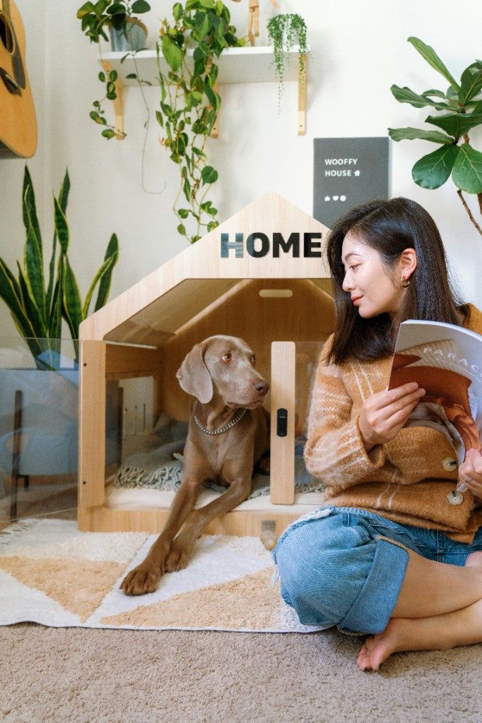 Woman relaxing at home with her dog in a cozy wooden pet house